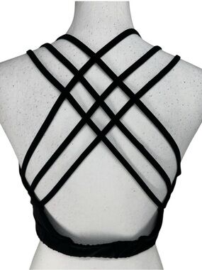GLYDER / Black Strappy Sports Bra Top Sheer Panel Detail / Large / Goth Emo